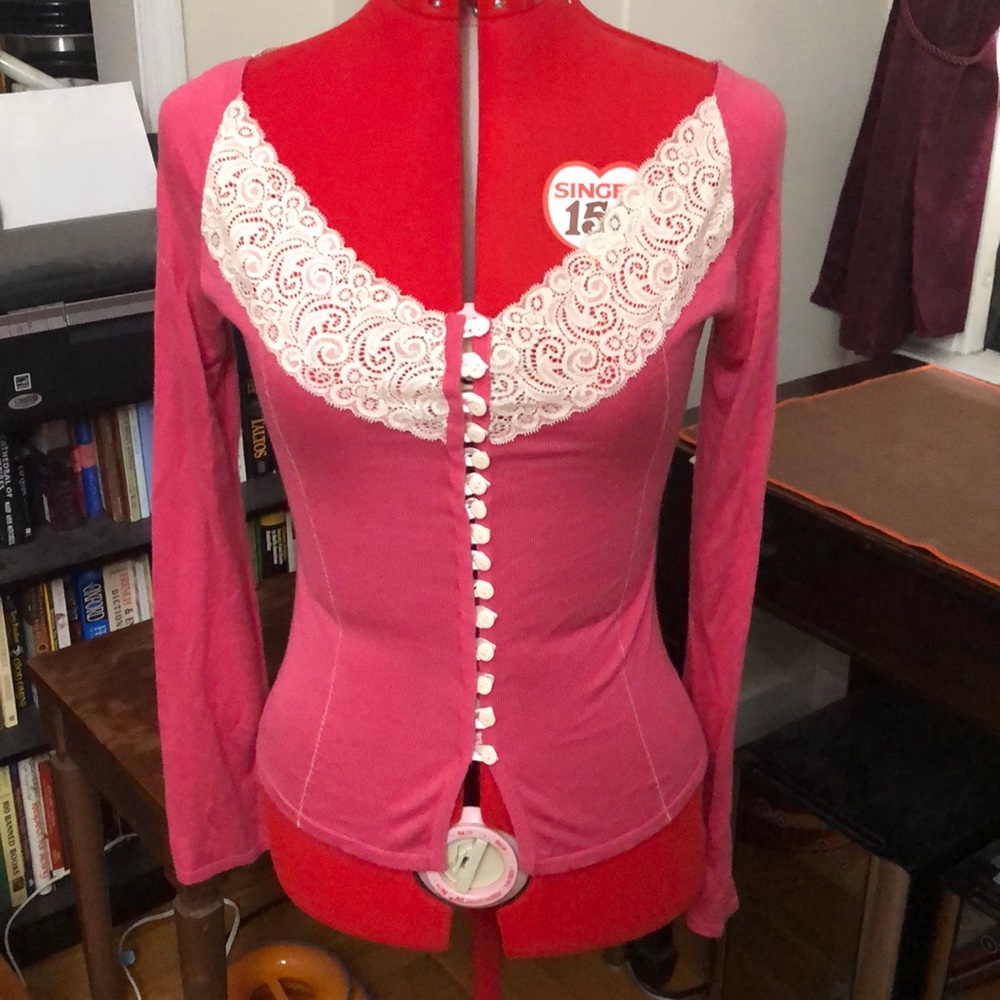 Hot Pink and Lace Cardigan with Ribbon Closures
